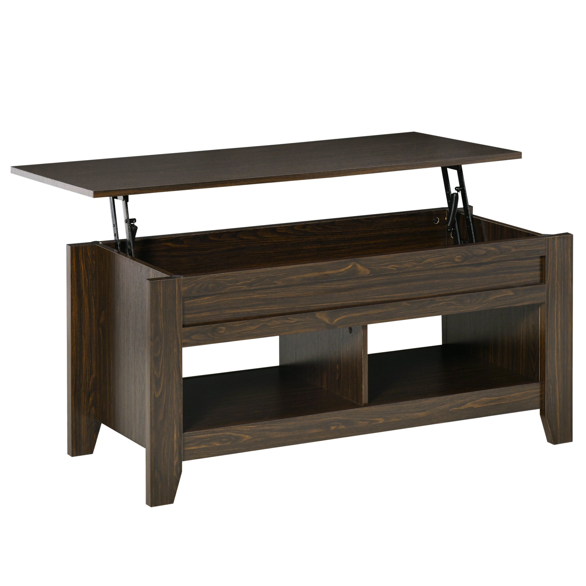 Lift Top Coffee Table with Hidden Storage Compartment and Open Shelves, Lift Tabletop Pop-Up Center Table for Living Room, Dark Walnut Coffee Tables Dark Walnut  at Gallery Canada