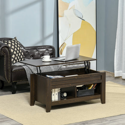 Lift Top Coffee Table with Hidden Storage Compartment and Open Shelves, Lift Tabletop Pop-Up Center Table for Living Room, Dark Walnut Coffee Tables   at Gallery Canada