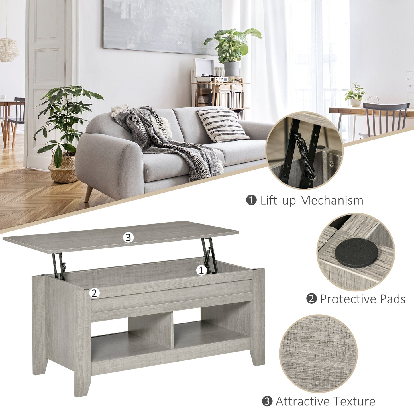 Lift Top Coffee Table with Hidden Storage Compartment and Open Shelves, Lift Tabletop Pop-Up Center Table for Living Room, Light Grey Coffee Tables   at Gallery Canada