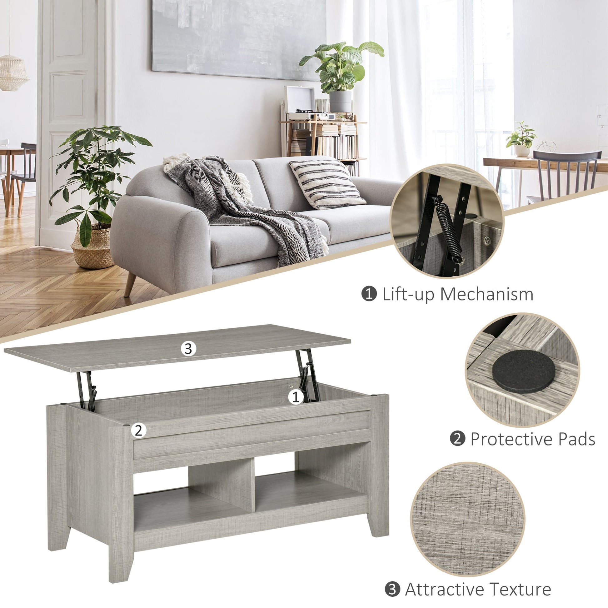 Lift Top Coffee Table with Hidden Storage Compartment and Open Shelves, Lift Tabletop Pop-Up Center Table for Living Room, Light Grey Coffee Tables   at Gallery Canada