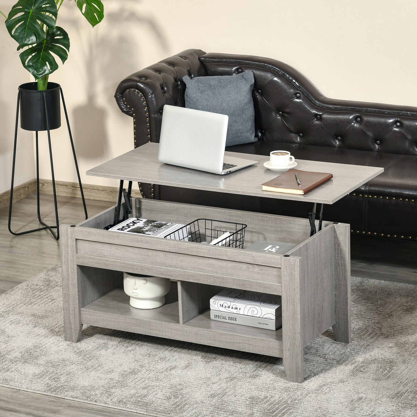 Lift Top Coffee Table with Hidden Storage Compartment and Open Shelves, Lift Tabletop Pop-Up Center Table for Living Room, Light Grey Coffee Tables   at Gallery Canada