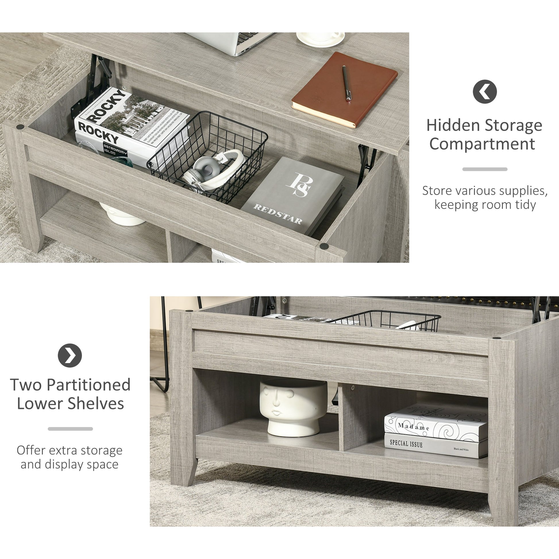 Lift Top Coffee Table with Hidden Storage Compartment and Open Shelves, Lift Tabletop Pop-Up Center Table for Living Room, Light Grey Coffee Tables   at Gallery Canada