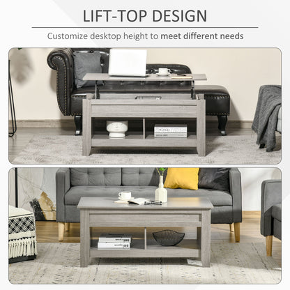 Lift Top Coffee Table with Hidden Storage Compartment and Open Shelves, Lift Tabletop Pop-Up Center Table for Living Room, Light Grey Coffee Tables   at Gallery Canada