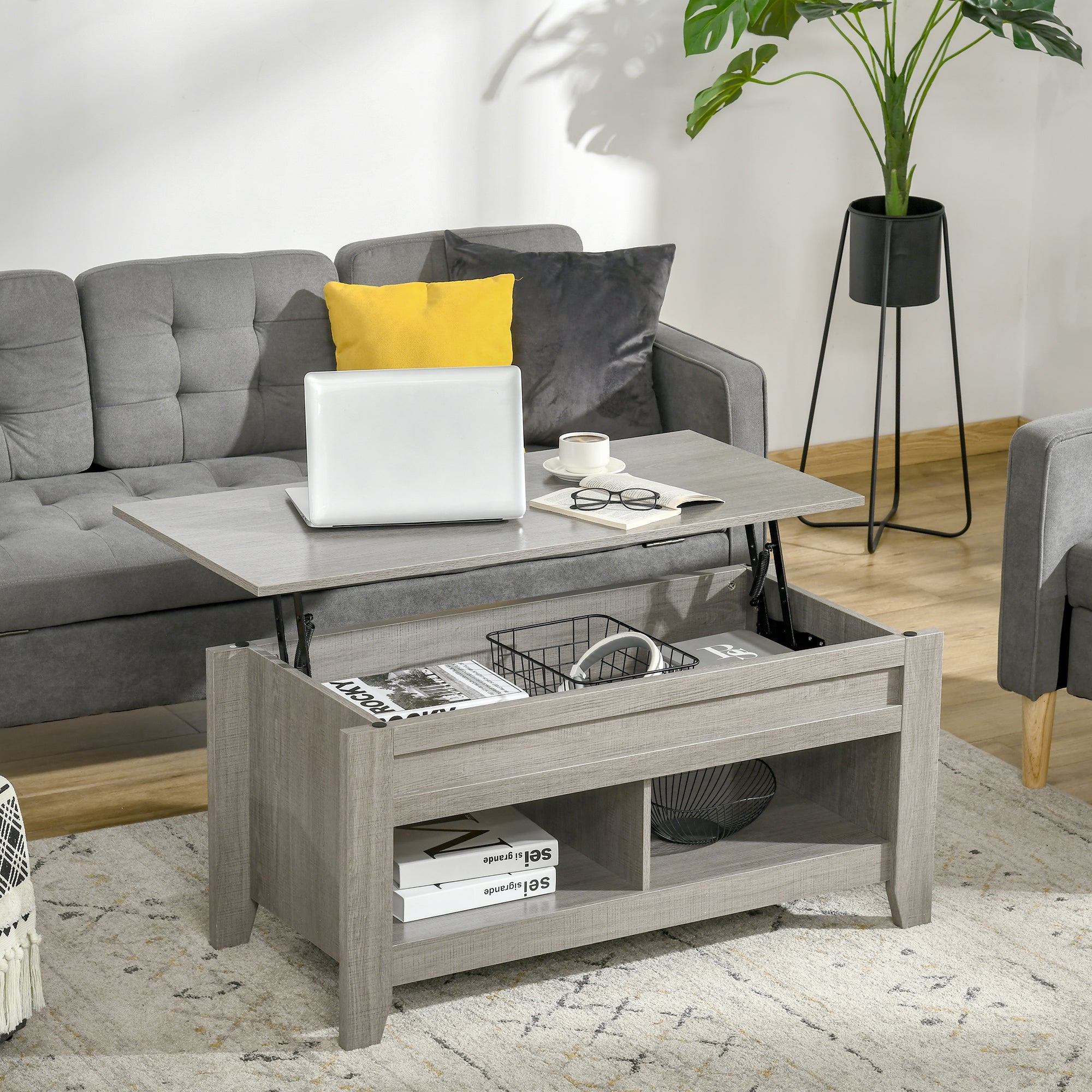 Lift Top Coffee Table with Hidden Storage Compartment and Open Shelves, Lift Tabletop Pop-Up Center Table for Living Room, Light Grey Coffee Tables   at Gallery Canada