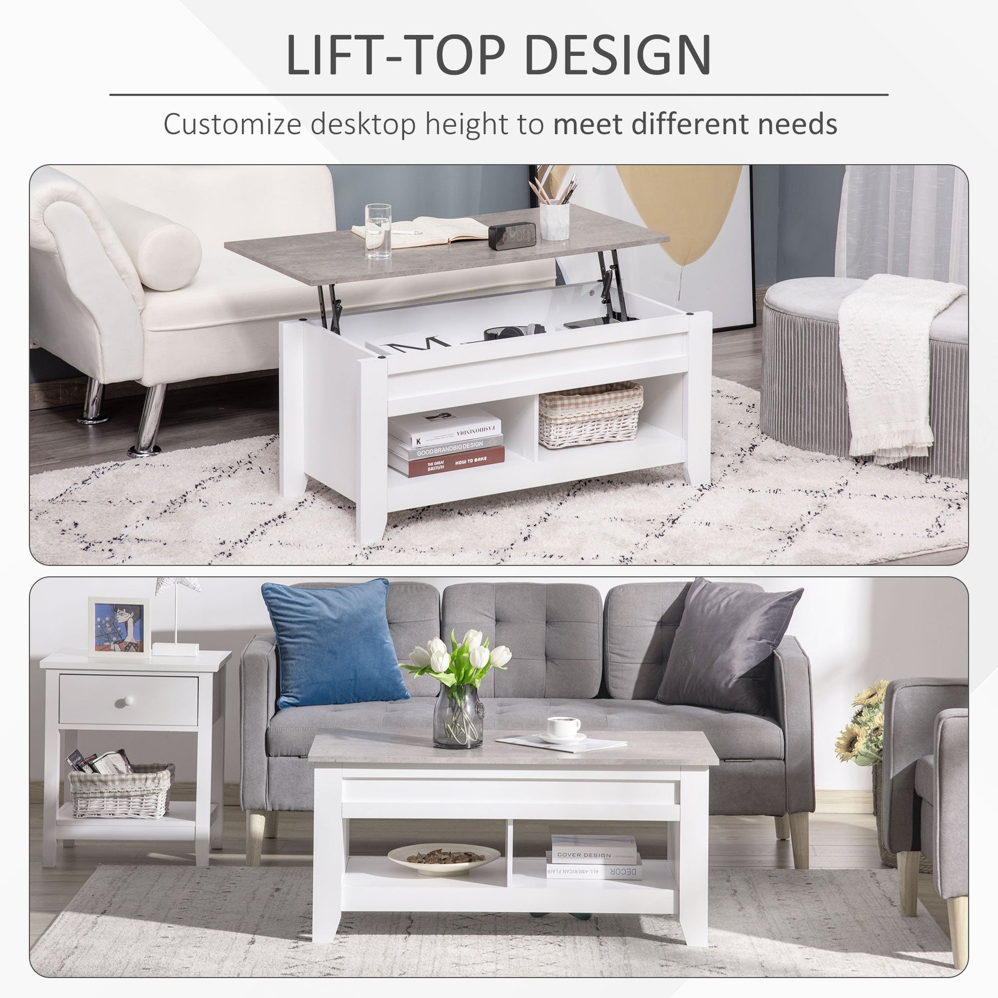 Lift Top Coffee Table with Hidden Storage Compartment and Open Shelves, Lift Tabletop Pop-Up Center Table for Living Room, White Coffee Tables   at Gallery Canada