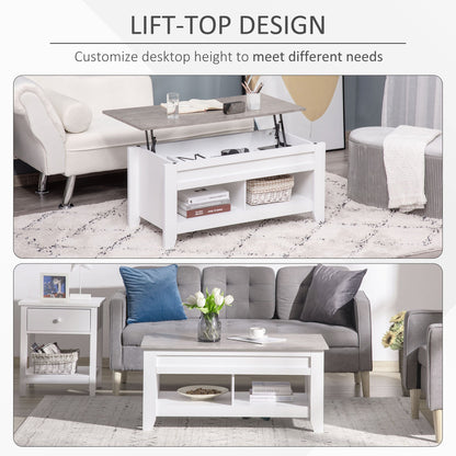 Lift Top Coffee Table with Hidden Storage Compartment and Open Shelves, Lift Tabletop Pop-Up Center Table for Living Room, White Coffee Tables   at Gallery Canada