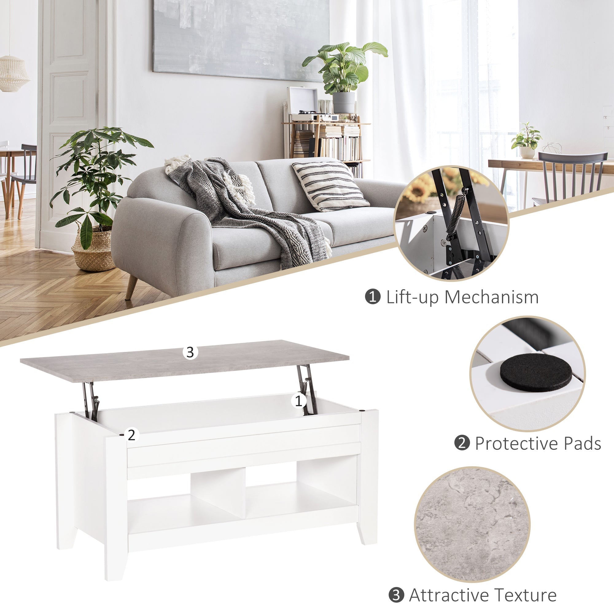 Lift Top Coffee Table with Hidden Storage Compartment and Open Shelves, Lift Tabletop Pop-Up Center Table for Living Room, White Coffee Tables   at Gallery Canada