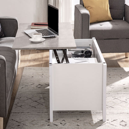 Lift Top Coffee Table with Hidden Storage Compartment and Open Shelves, Lift Tabletop Pop-Up Center Table for Living Room, White Coffee Tables   at Gallery Canada