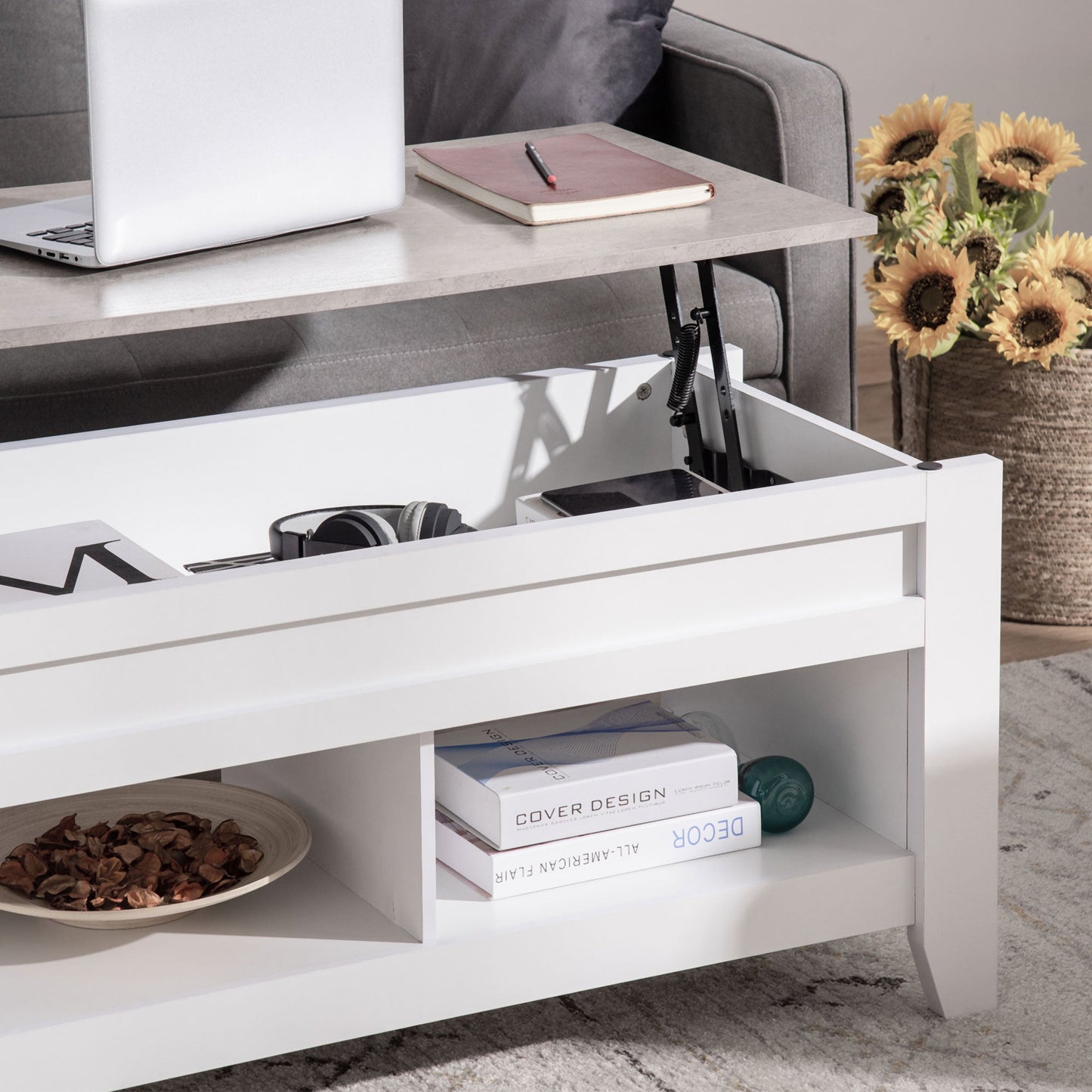 Lift Top Coffee Table with Hidden Storage Compartment and Open Shelves, Lift Tabletop Pop-Up Center Table for Living Room, White Coffee Tables   at Gallery Canada