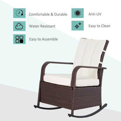 Outdoor Wicker Rocking Chair with Cushion, Patio PE Rattan Recliner Chair with Adjustable Footrest, Armrests, Cream White Outdoor Rocking Chairs   at Gallery Canada