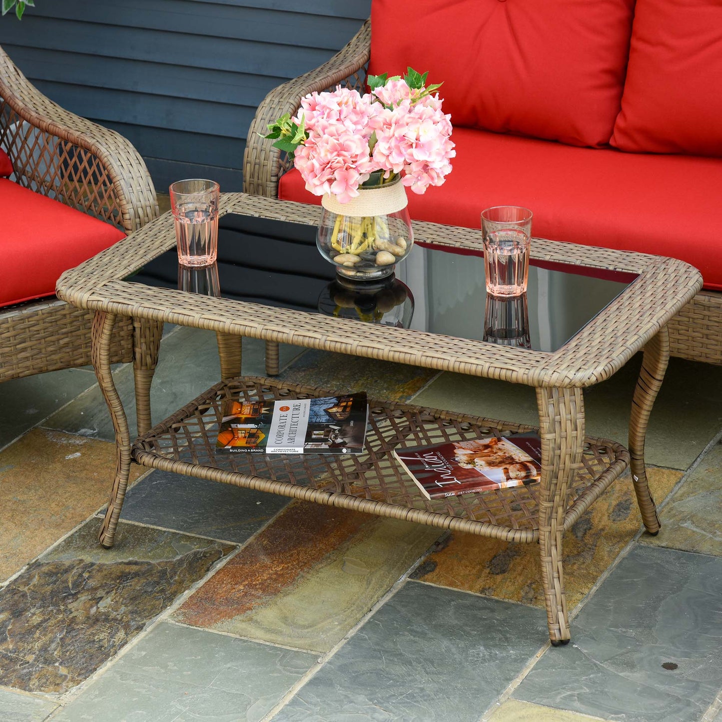 Wicker 4-Piece Outdoor Sofa Set with Cushions and Glass Tabletop, Khaki & Red Patio Furniture Sets   at Gallery Canada