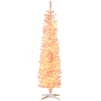 6' Flocked Christmas Trees, Pencil Prelit Artificial Christmas Tree with Snow Branches, Pink Pencil Christmas Trees Pink  at Gallery Canada