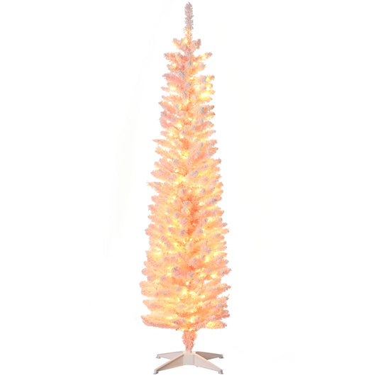 6' Flocked Christmas Trees, Pencil Prelit Artificial Christmas Tree with Snow Branches, Pink - Gallery Canada
