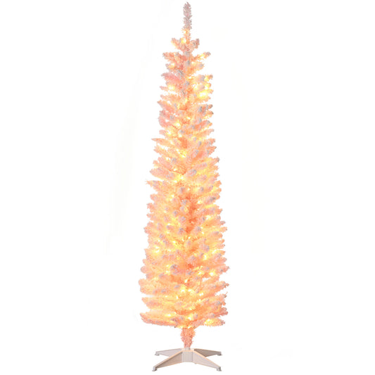 6' Flocked Christmas Trees, Pencil Prelit Artificial Christmas Tree with Snow Branches, Pink Pencil Christmas Trees Pink  at Gallery Canada