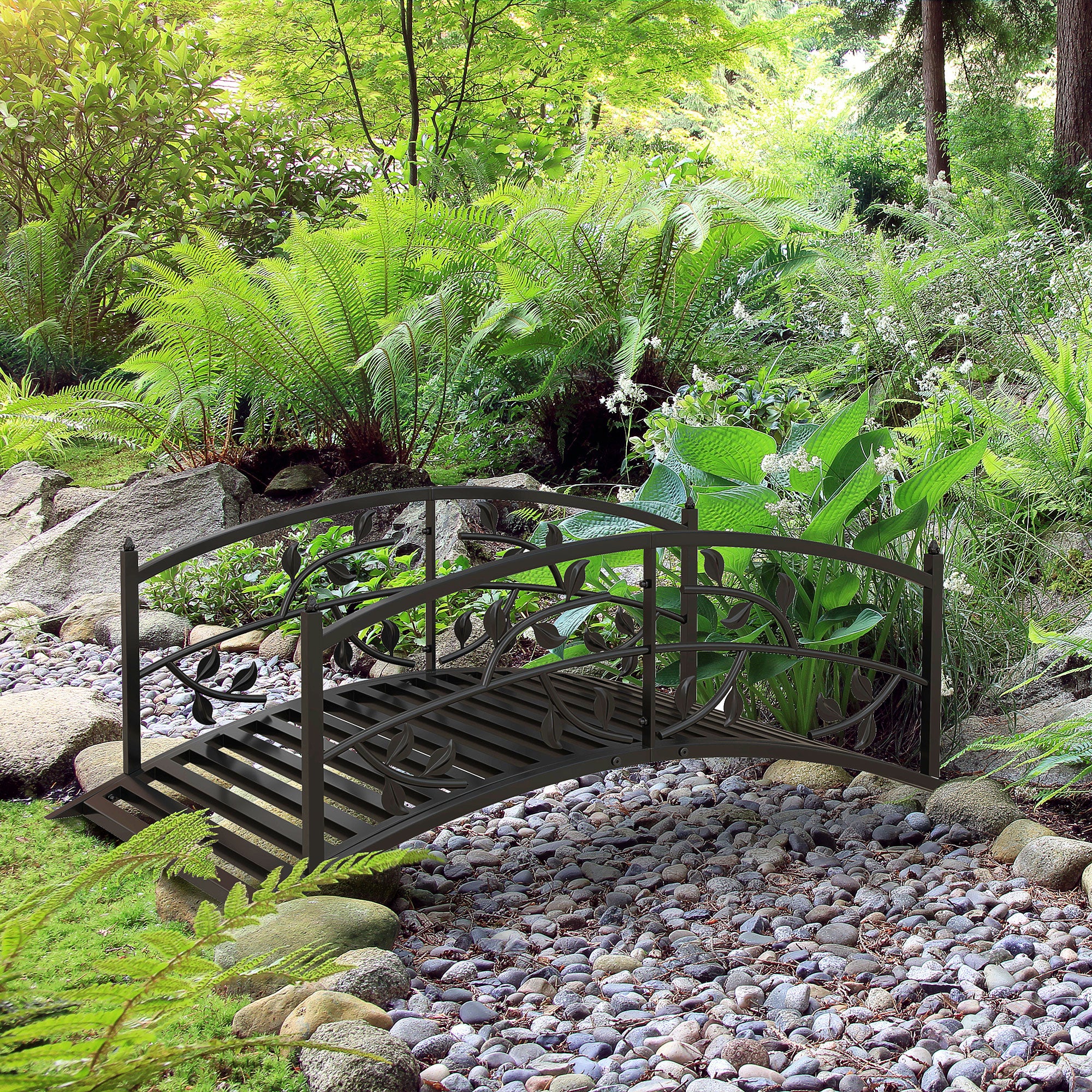 4' Metal Arch Garden Bridge Arc Footbridge with Guardrails and Decorative Vine Pattern, Black Garden Bridges   at Gallery Canada