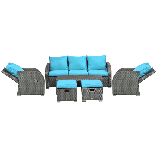 6 Pieces Patio Furniture Set, Conversation Set Wicker Sectional Set Cushioned Outdoor Rattan 3-Seat Sofa, 2 Adjustable Recliners, 2 Footstools &; Table Set for Lawn Garden Backyard, Sky Blue - Gallery Canada