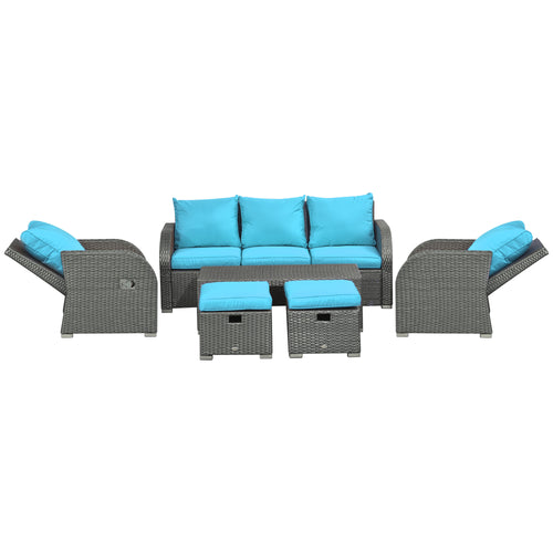 6-Piece Wicker Patio Furniture Set with Cushions, Recliners, Footstools, Table - Sky Blue