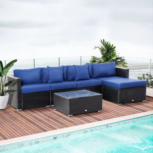 6 Pieces Outdoor PE Rattan Wicker Patio Furniture Sofa Set with Thick Cushions, Deluxe Garden Sectional Couch with Glass Top Table, Black and Dark Blue - Gallery Canada