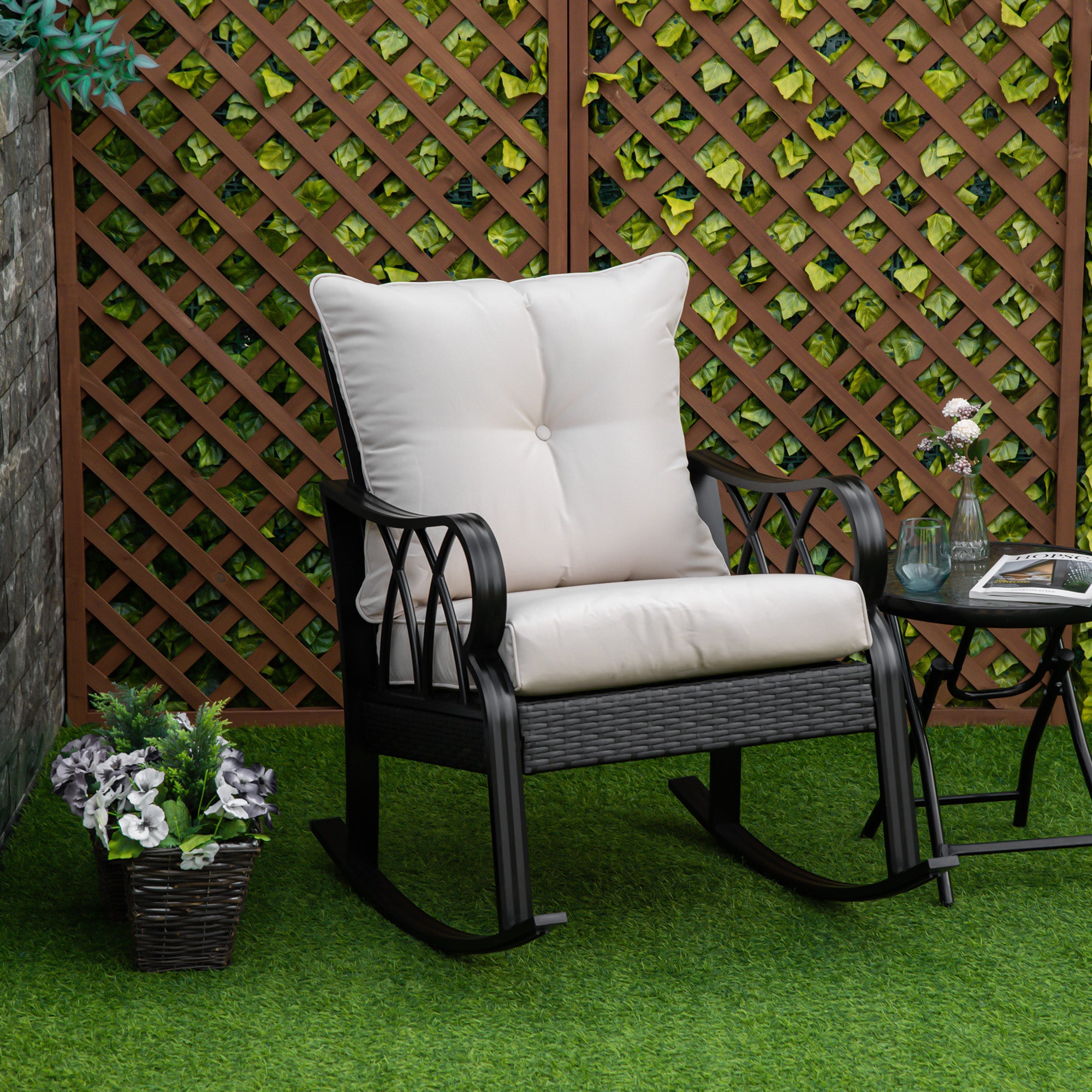 Outdoor Wicker Rocking Chair with Padded Cushions for Garden, Patio, and Backyard, Khaki Patio Chairs   at Gallery Canada