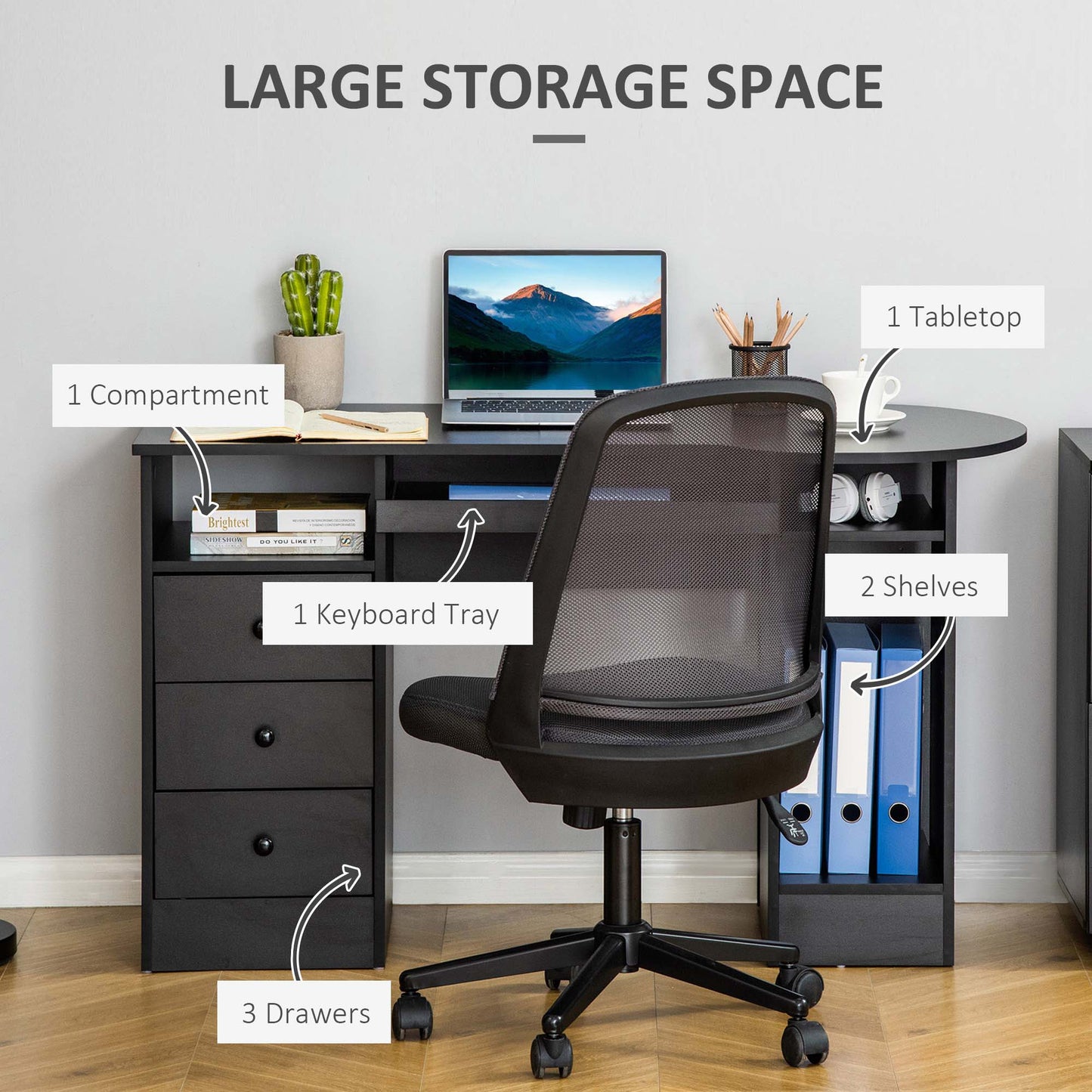 Modern Home Office Desk with Storage, Shelves, Drawers, Keyboard Tray, Black Computer Desks   at Gallery Canada