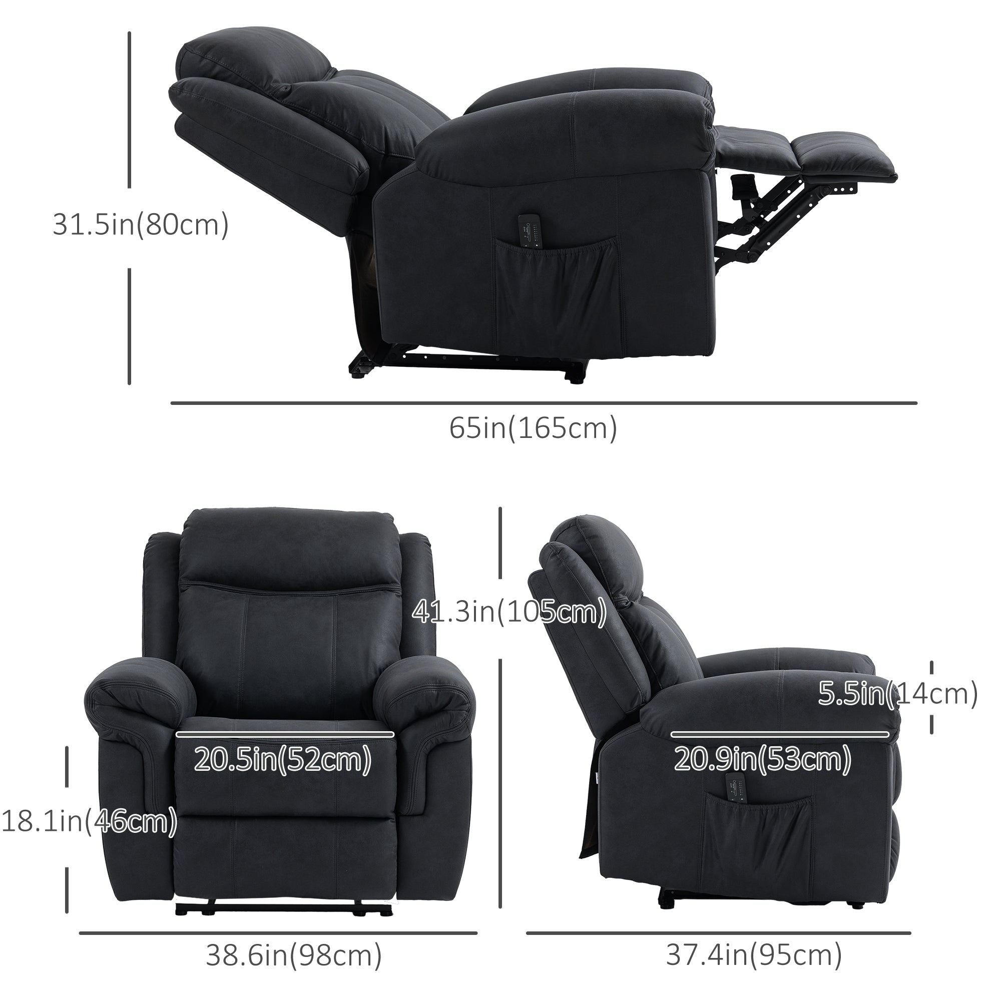 Manual Recliner Chair with Vibration Massage, Side Pockets, Microfibre Reclining Chair for Living Room, Black Single Sofas   at Gallery Canada