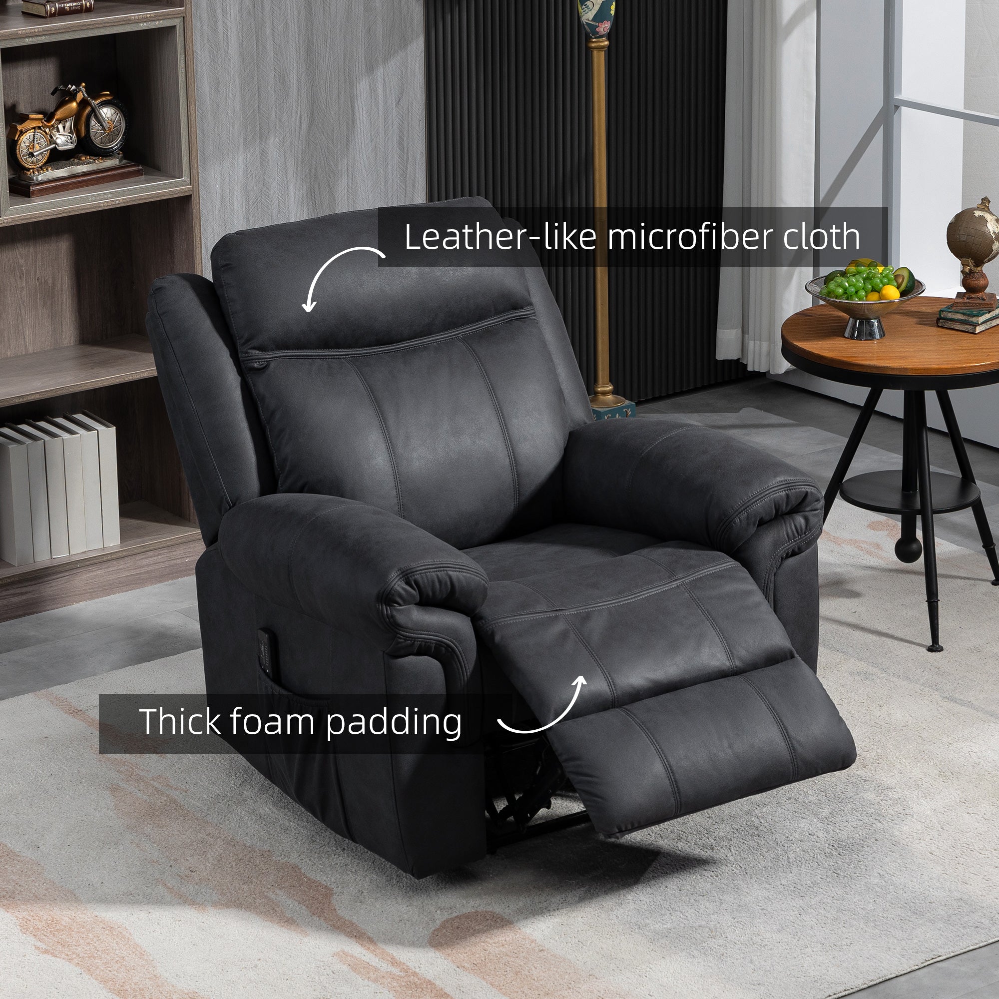 Manual Recliner Chair with Vibration Massage, Side Pockets, Microfibre Reclining Chair for Living Room, Black Single Sofas   at Gallery Canada