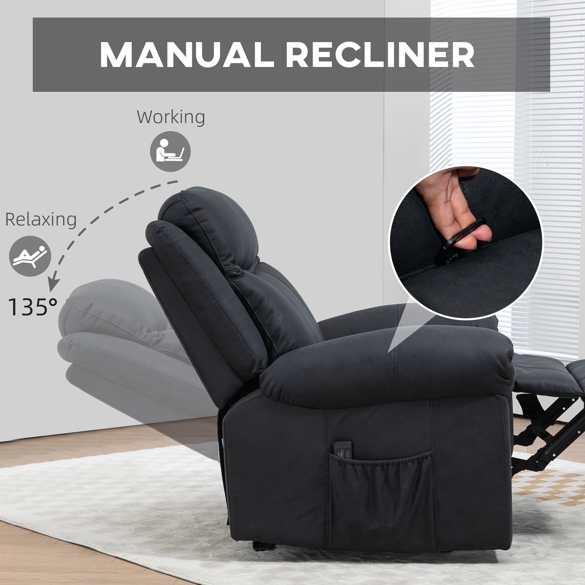 Manual Recliner Chair with Vibration Massage, Side Pockets, Microfibre Reclining Chair for Living Room, Black Single Sofas   at Gallery Canada