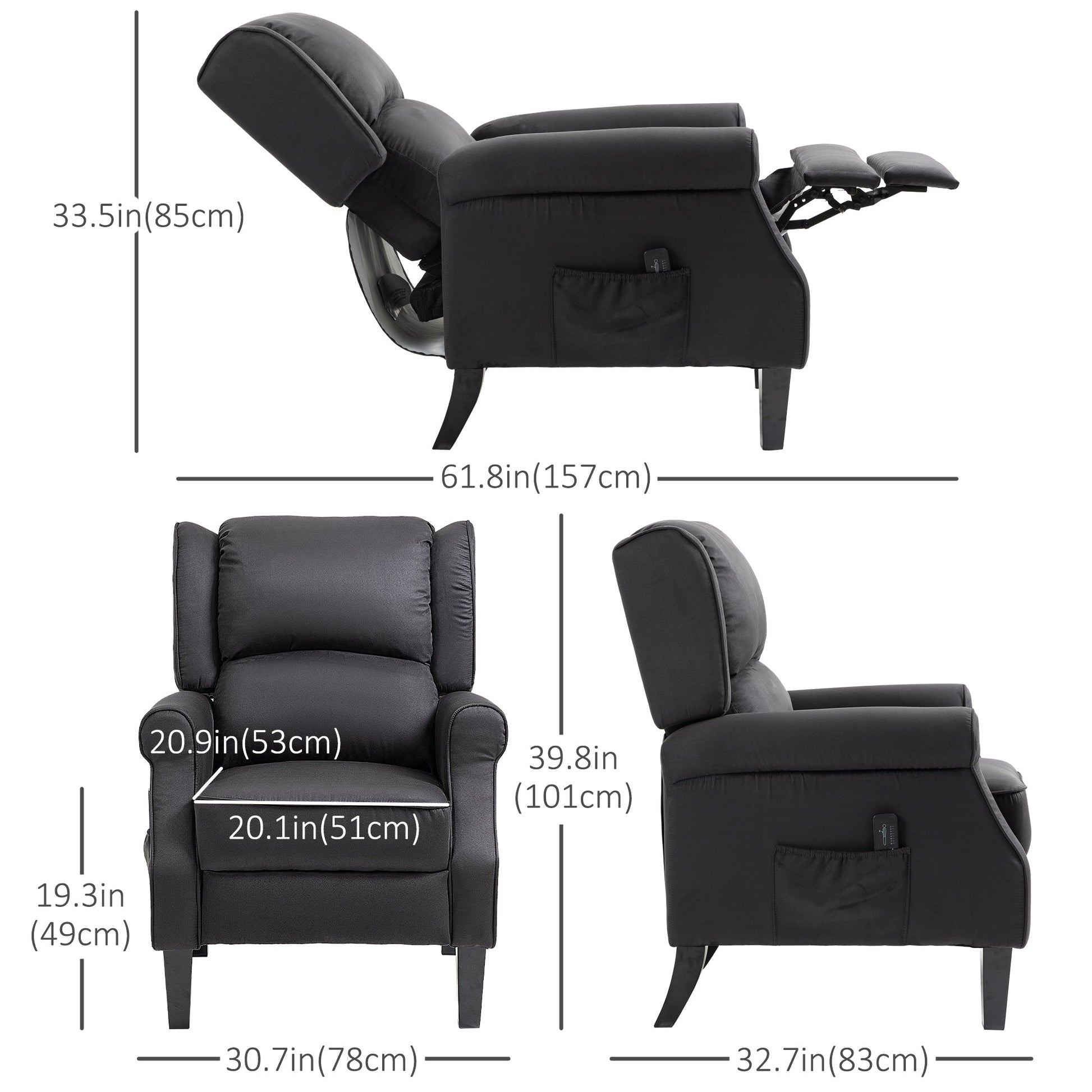 Wingback Massage Recliner Chair with Remote, Footrest, Side Pockets, Black Single Sofas Black  at Gallery Canada