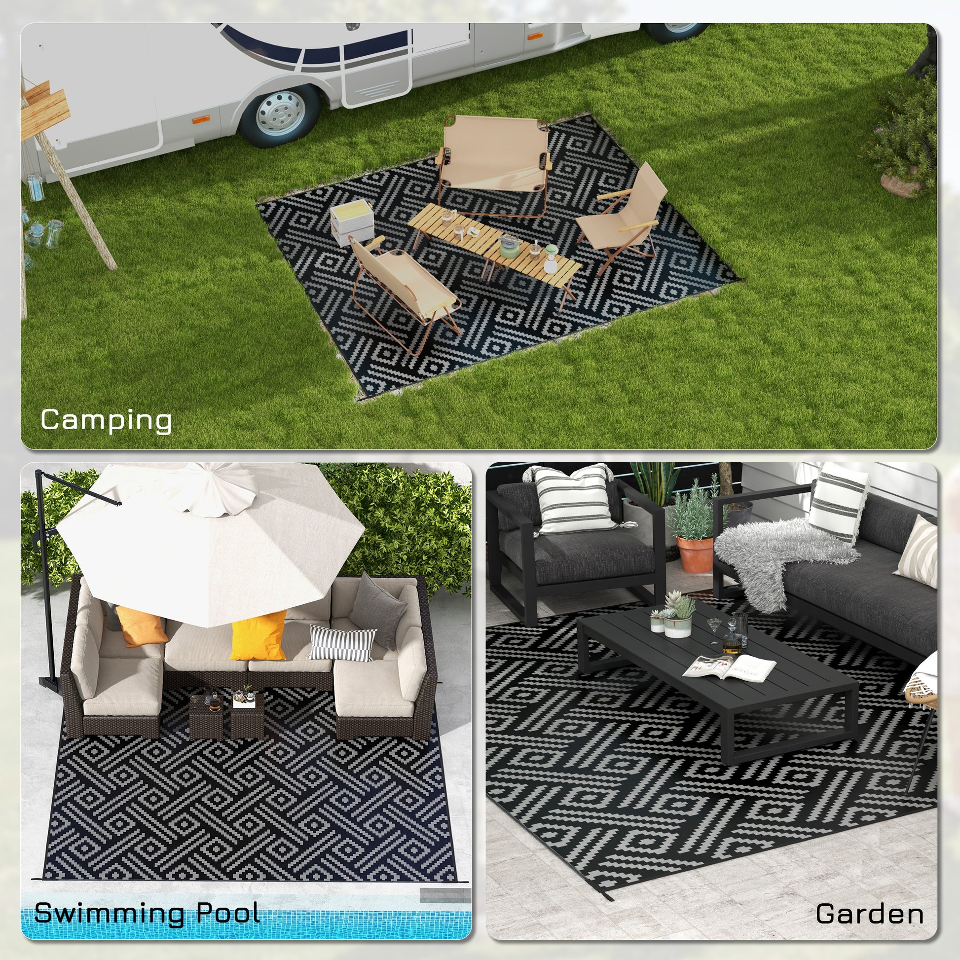 Reversible Outdoor Rug Waterproof Plastic Straw RV Rug with Carry Bag, 9' x 12', Black and Grey Geometric Outdoor Reversible Rugs   at Gallery Canada