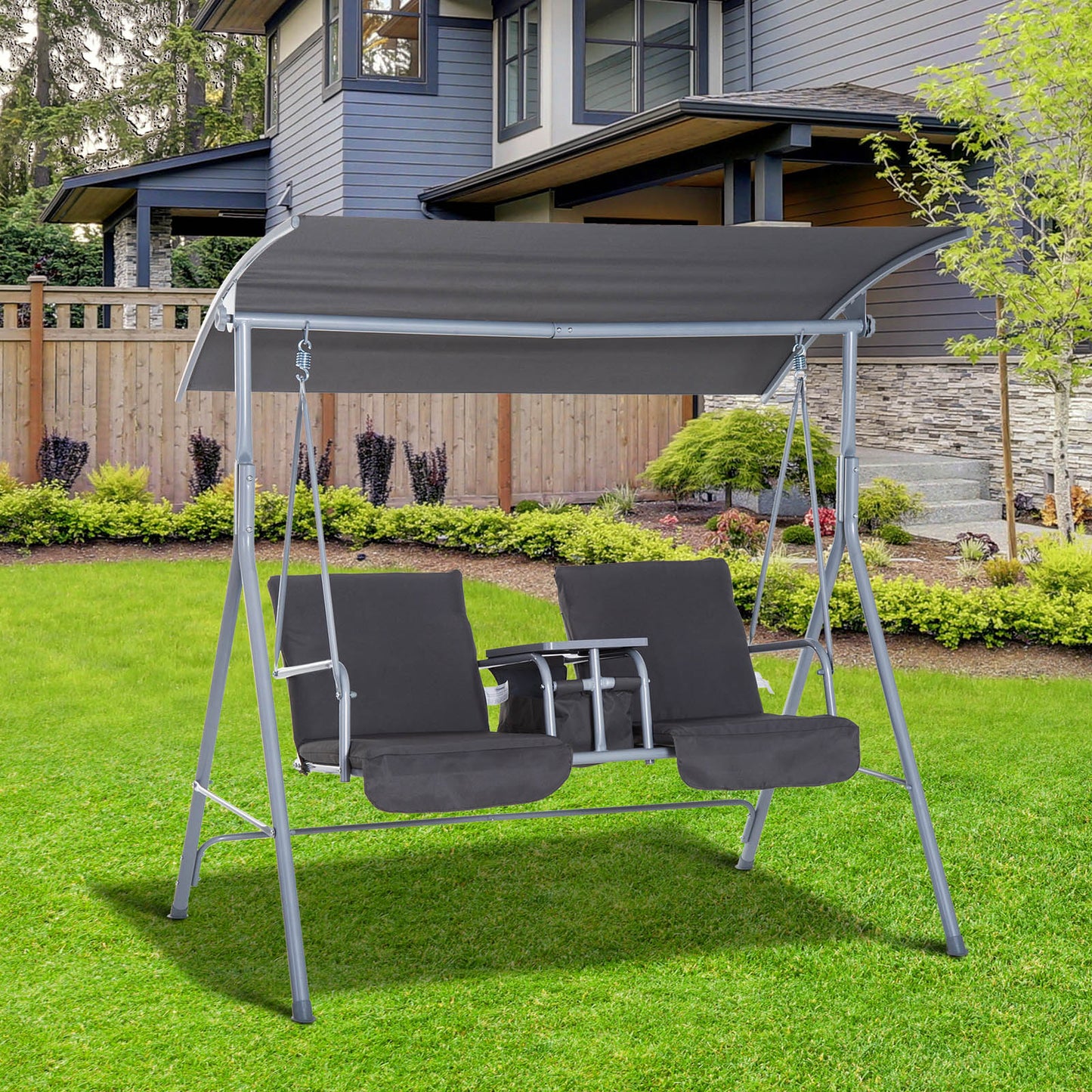 Double Outdoor Swing Chair 2 Person Covered Swing Porch Swing w/ Pivot Table &; Storage Console Grey Patio Swings with Stand   at Gallery Canada