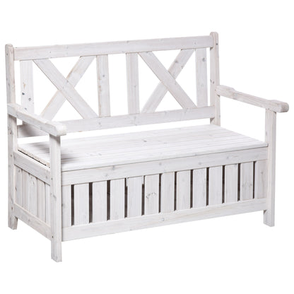 Wooden Outdoor Storage Bench 2-Person Patio Bench with Louvered Side Panels and X-Shape Back for Garden, Patio, White Patio Chairs   at Gallery Canada