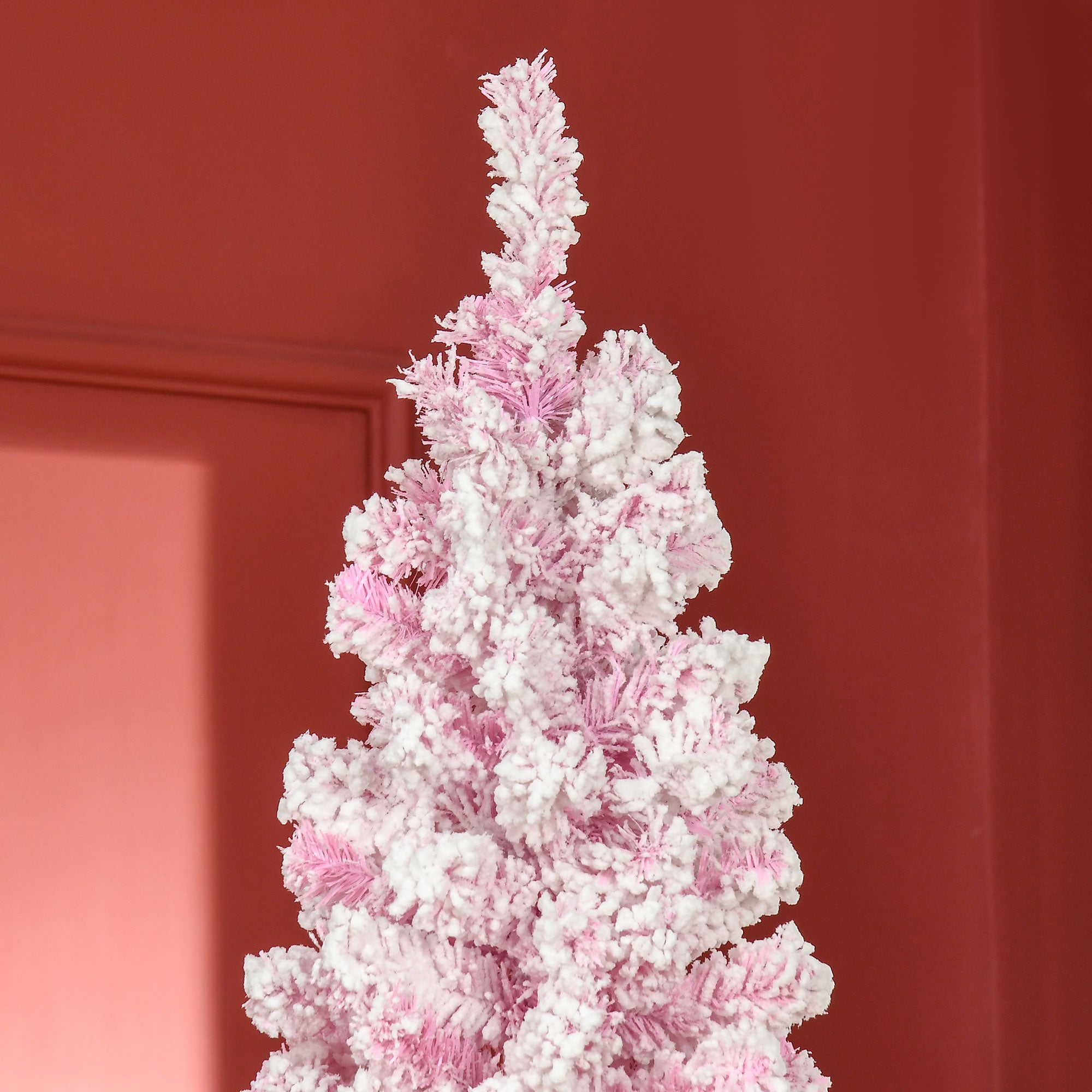 7.5 FT Snow Flocked Artificial Christmas Tree, Pencil Xmas Tree with Realistic Branches, Auto Open and Steel Base, Pink Pencil Christmas Trees   at Gallery Canada