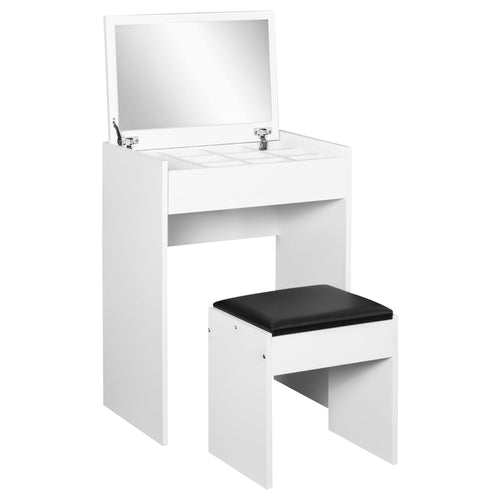 Mirrored Vanity Set Dressing Table and Stool Set Makeup Desk with Flip Top Bedroom Furniture White