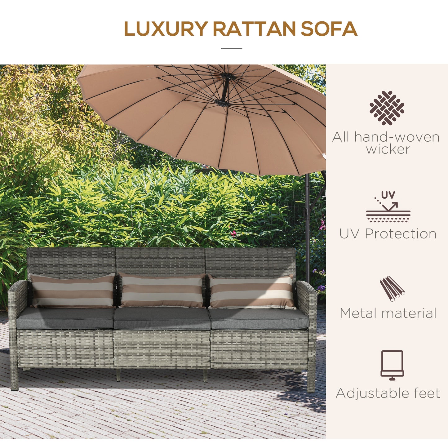 3-Seater Wicker Sofa, PE Rattan Outdoor Couch Conversation Furniture with Removable Cushions for Patio, Garden, Grey Patio Furniture Sets   at Gallery Canada