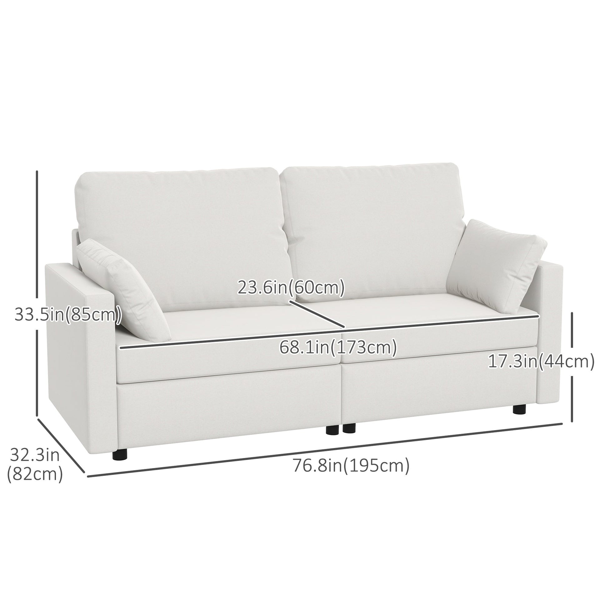 Modern 3 Seater Sofa, 77" Upholstered Couch with 2 Throw Cushions for Bedroom, Living Room, Cream White 3-Seater Sofas   at Gallery Canada