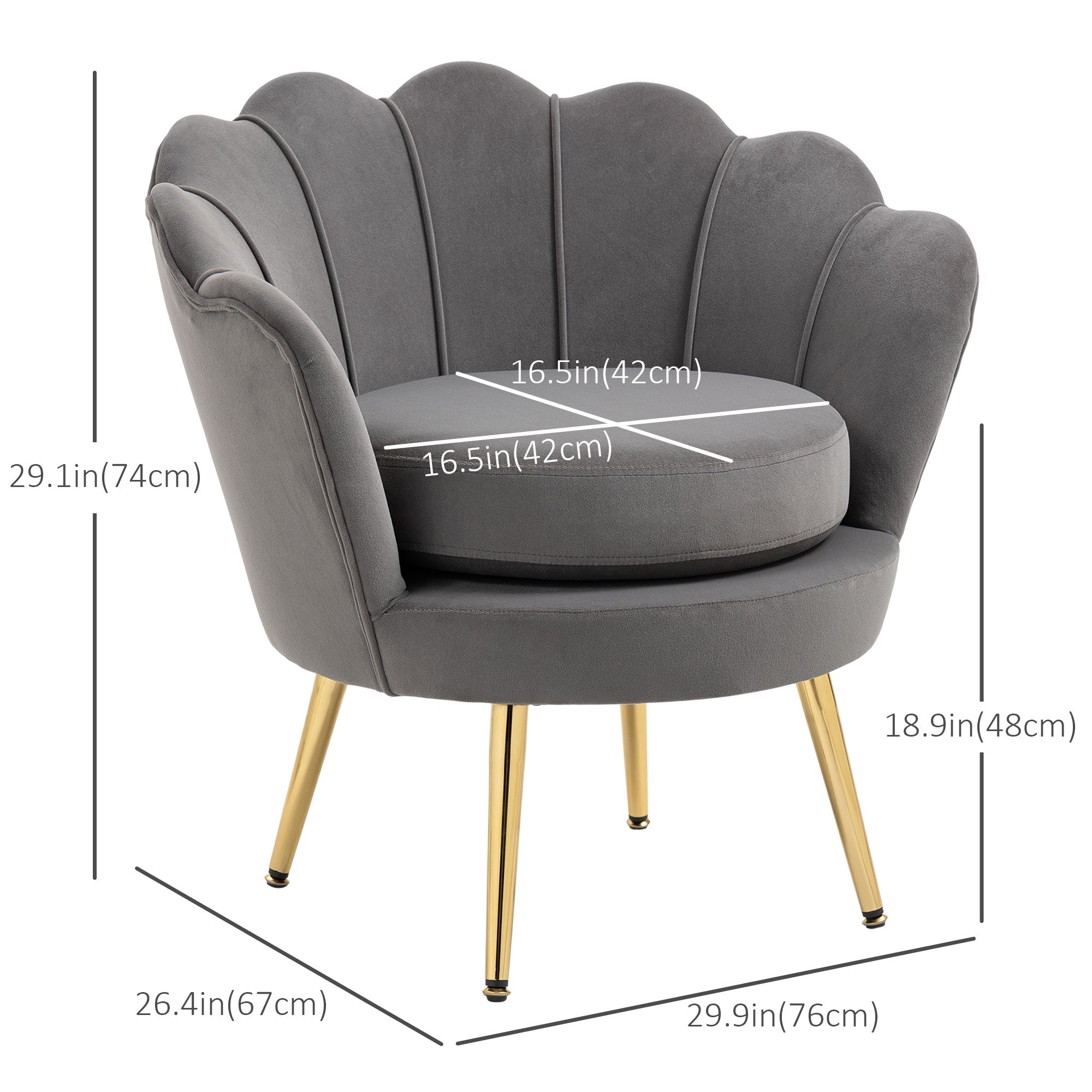 Modern Accent Chair, Velvet-Touch Fabric Leisure Club Chair with Gold Metal Legs for Bedroom, Grey Accent Chairs   at Gallery Canada