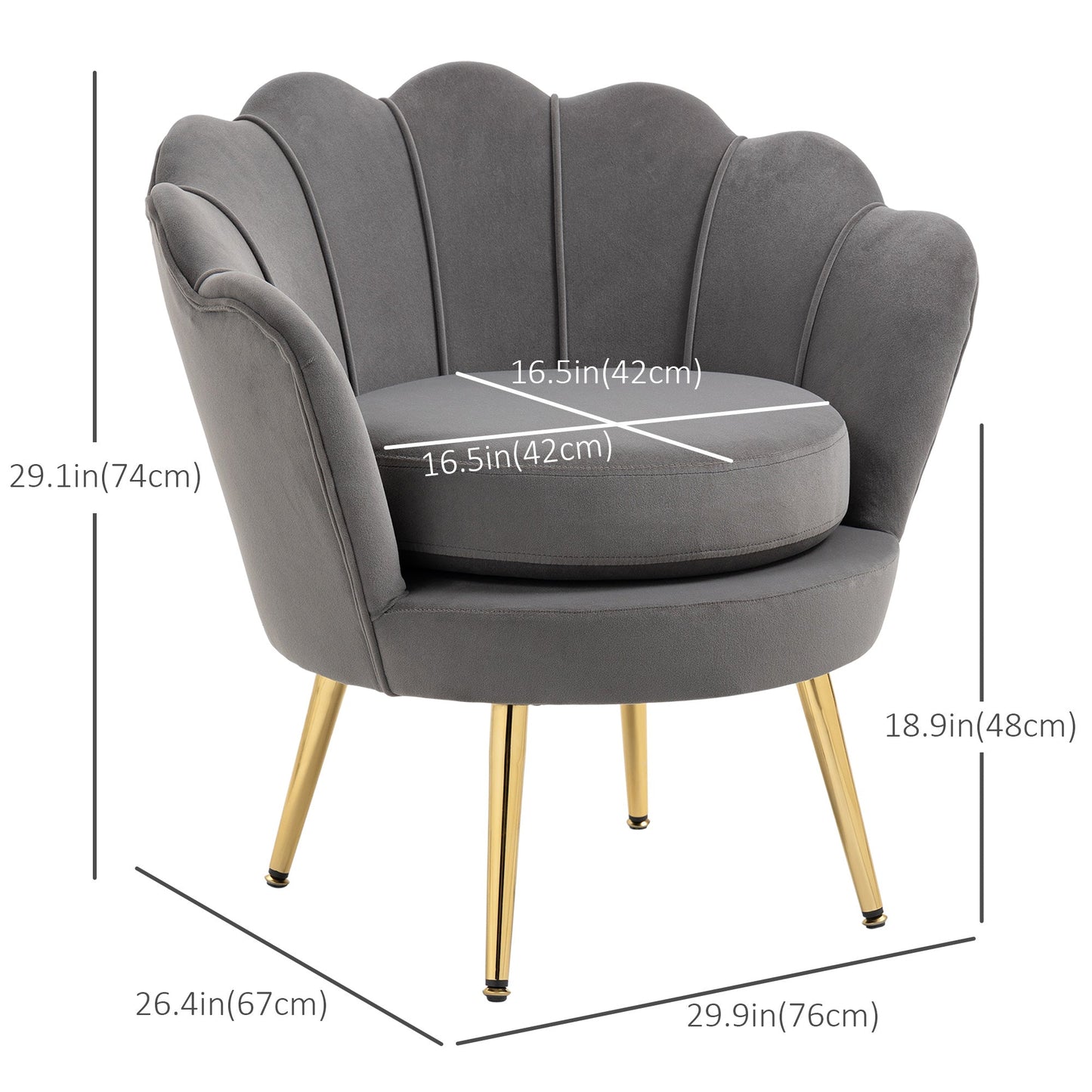 Modern Accent Chair, Velvet-Touch Fabric Leisure Club Chair with Gold Metal Legs for Bedroom, Grey Accent Chairs   at Gallery Canada