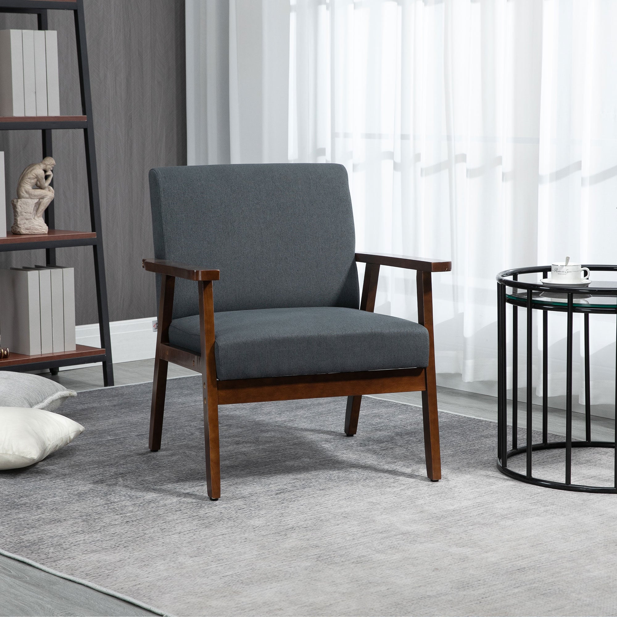 Modern Accent Chairs with Cushioned Seat, Upholstered Linen-Feel Armchair for Bedroom, Living Room, Dark Gray Accent Chairs   at Gallery Canada