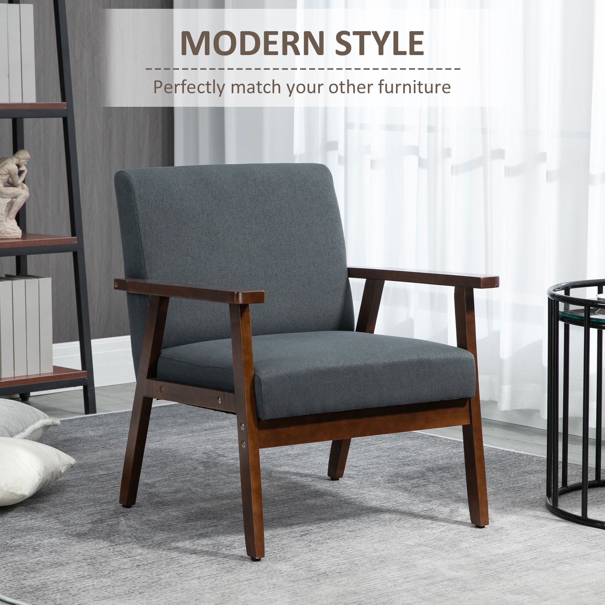 Modern Accent Chairs with Cushioned Seat, Upholstered Linen-Feel Armchair for Bedroom, Living Room, Dark Gray Accent Chairs   at Gallery Canada