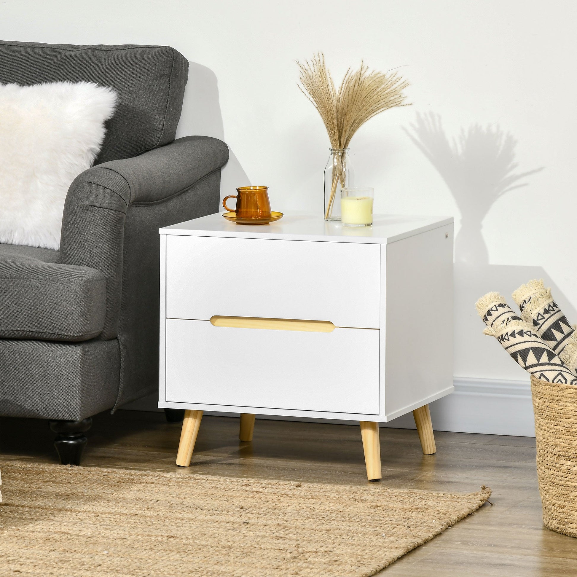 Modern Bedside Table, Nightstand with 2 Drawers, Side End Table with Solid Wood Legs for Bedroom, White Bedside Tables   at Gallery Canada