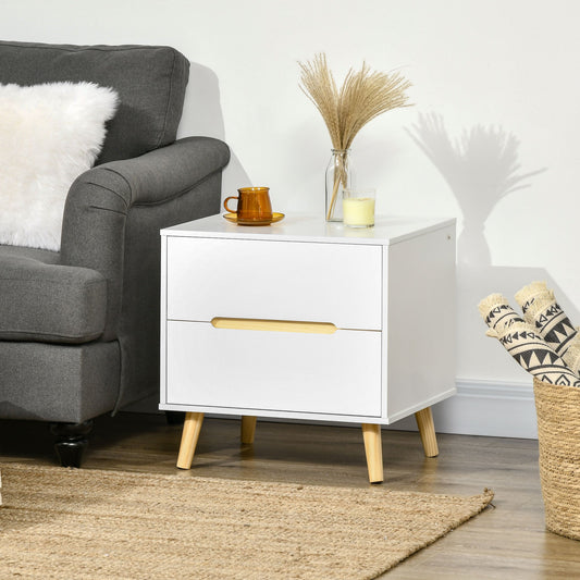 Modern Bedside Table, Nightstand with 2 Drawers, Side End Table with Solid Wood Legs for Bedroom, White Bedside Tables White  at Gallery Canada