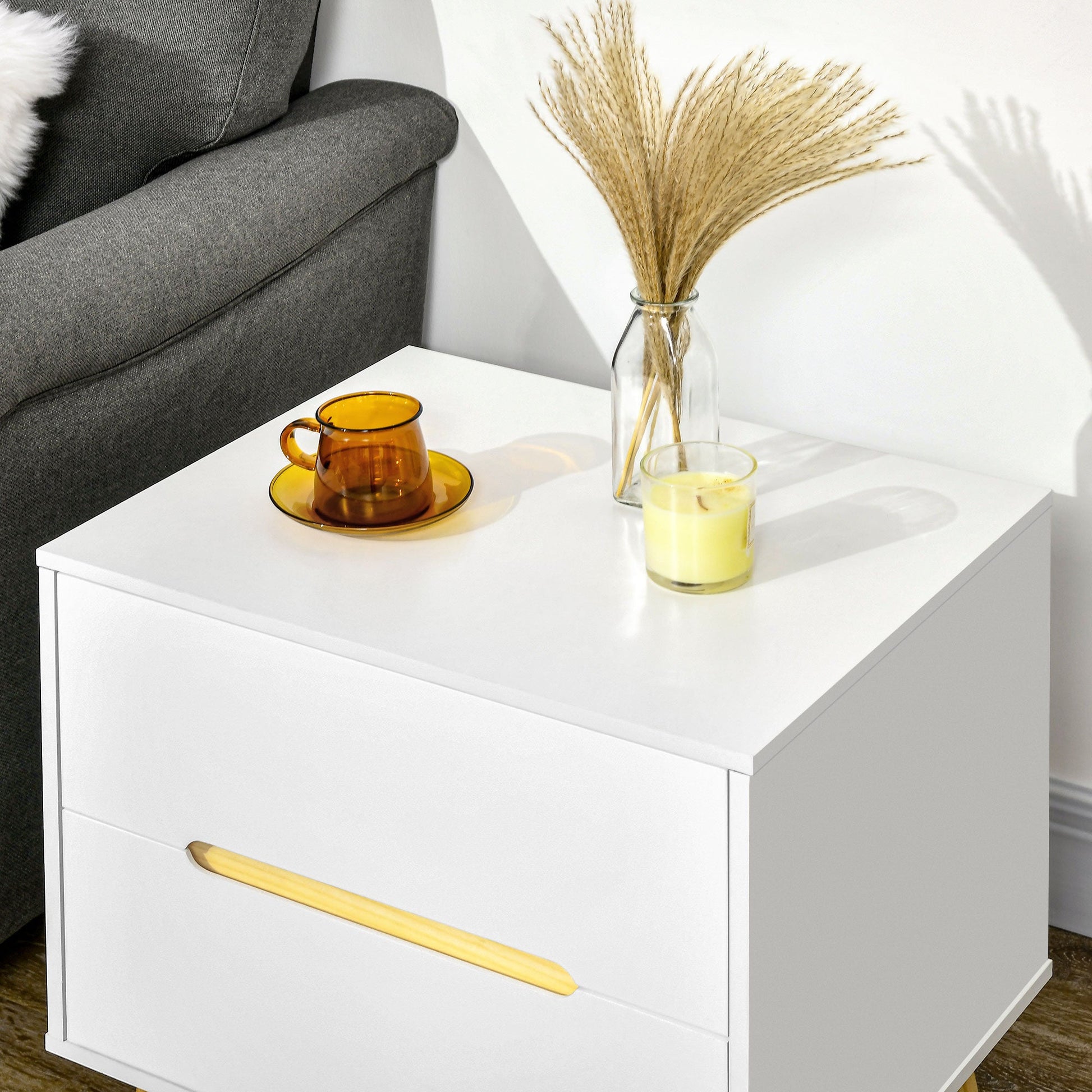 Modern Bedside Table, Nightstand with 2 Drawers, Side End Table with Solid Wood Legs for Bedroom, White Bedside Tables   at Gallery Canada