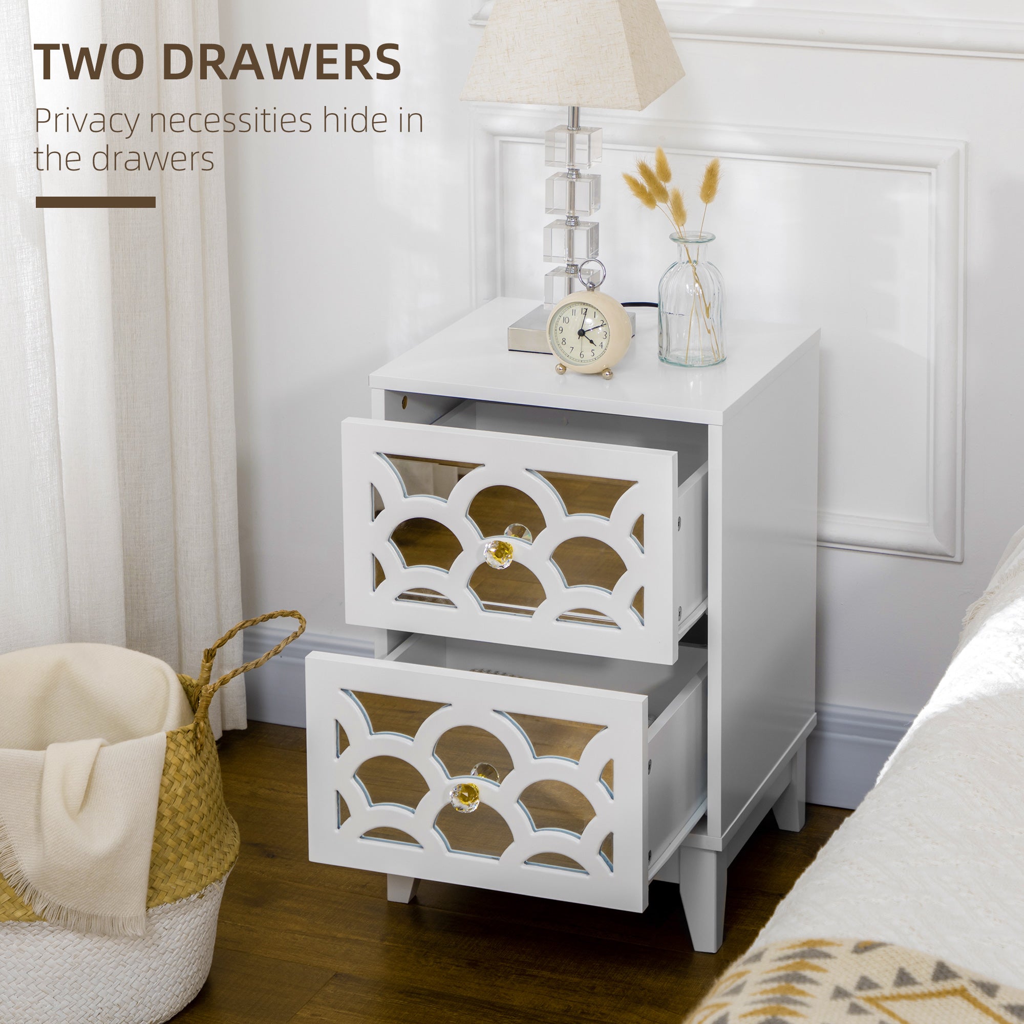 Modern Bedside Table, Side End Table with Drawers and Front Mirror, 15.4