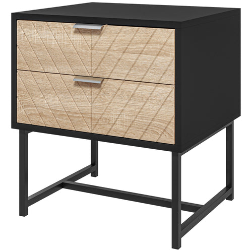 Modern Bedside Table with 2 Drawers and Steel Frame, Sofa Side Table for Bedroom Living Room, Black and Oak