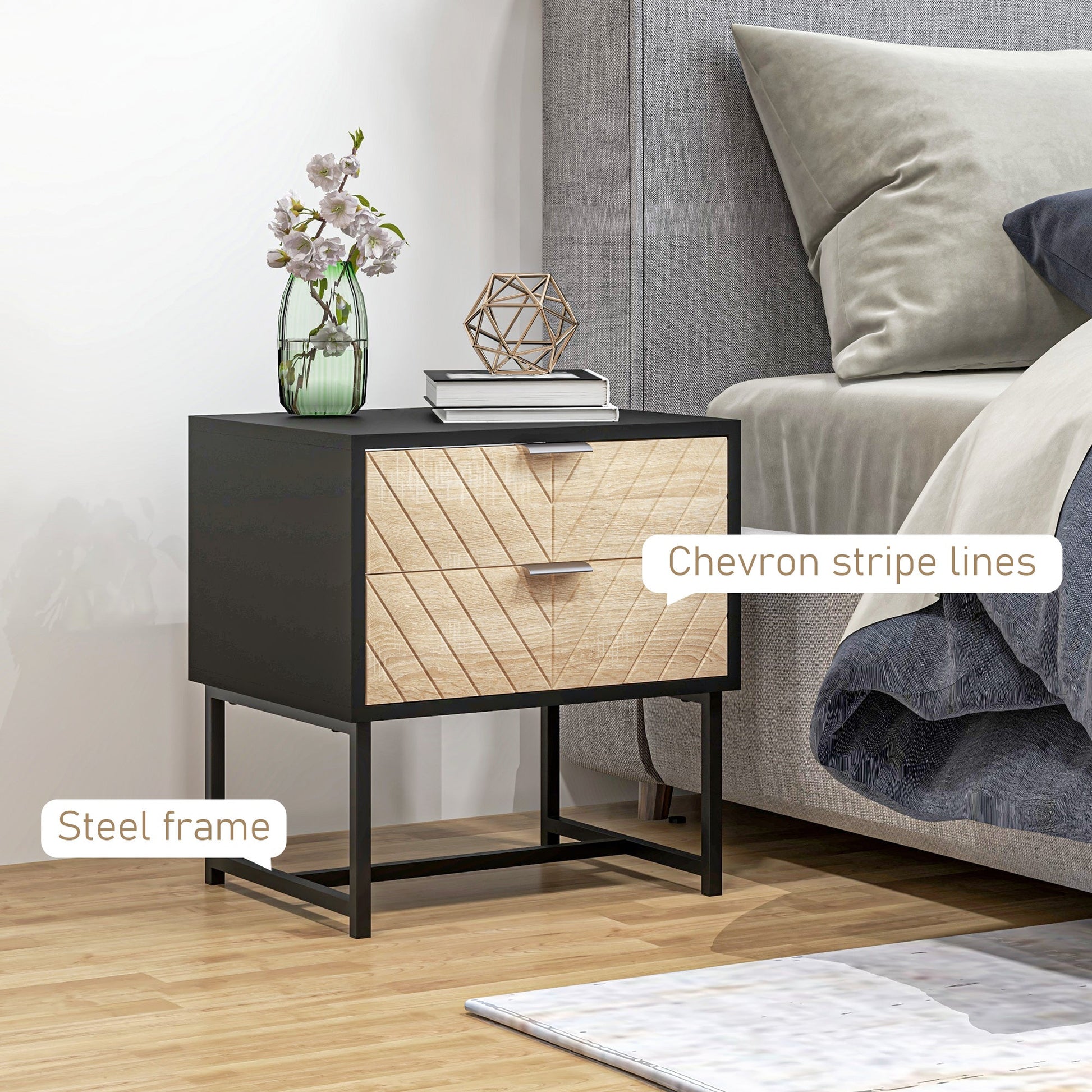 Modern Bedside Table with 2 Drawers and Steel Frame, Sofa Side Table for Bedroom Living Room, Black and Oak Bedside Tables   at Gallery Canada