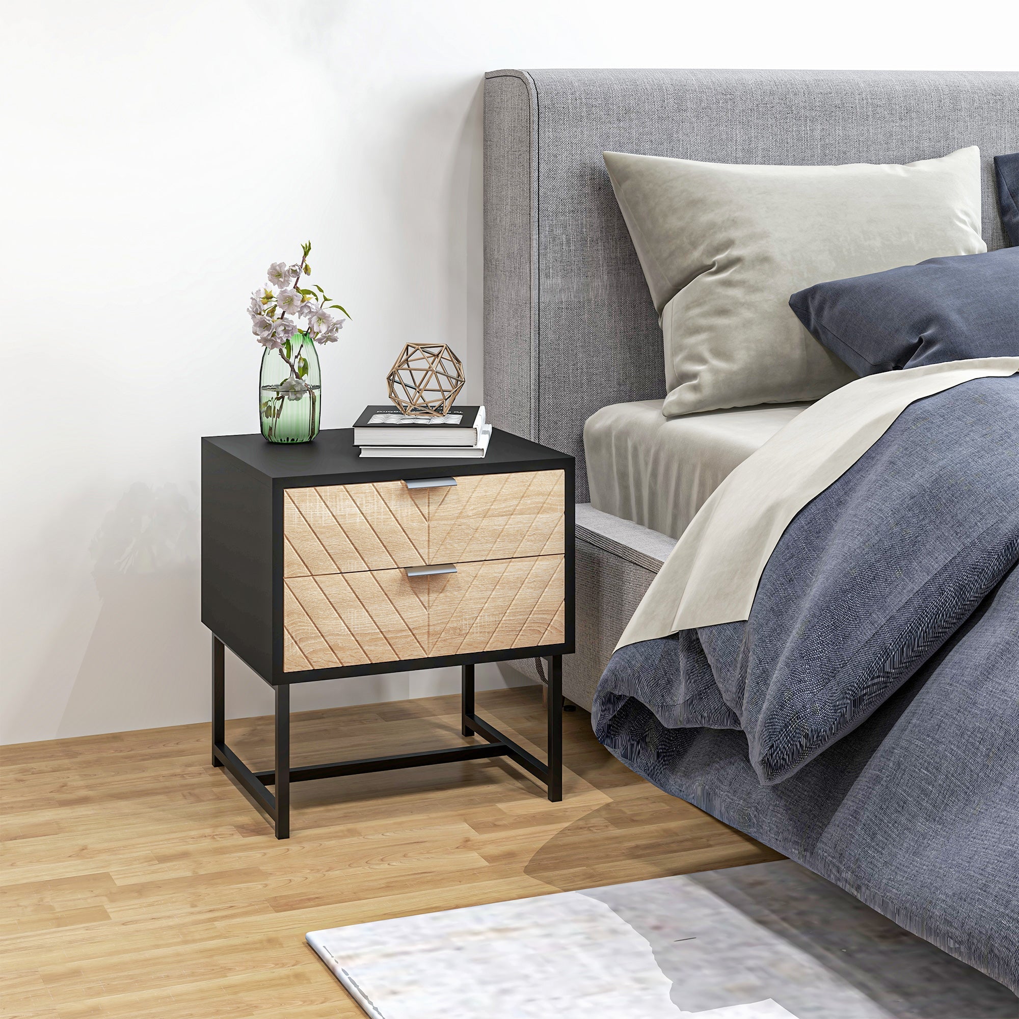 Modern Bedside Table with 2 Drawers and Steel Frame, Sofa Side Table for Bedroom Living Room, Black and Oak Bedside Tables   at Gallery Canada