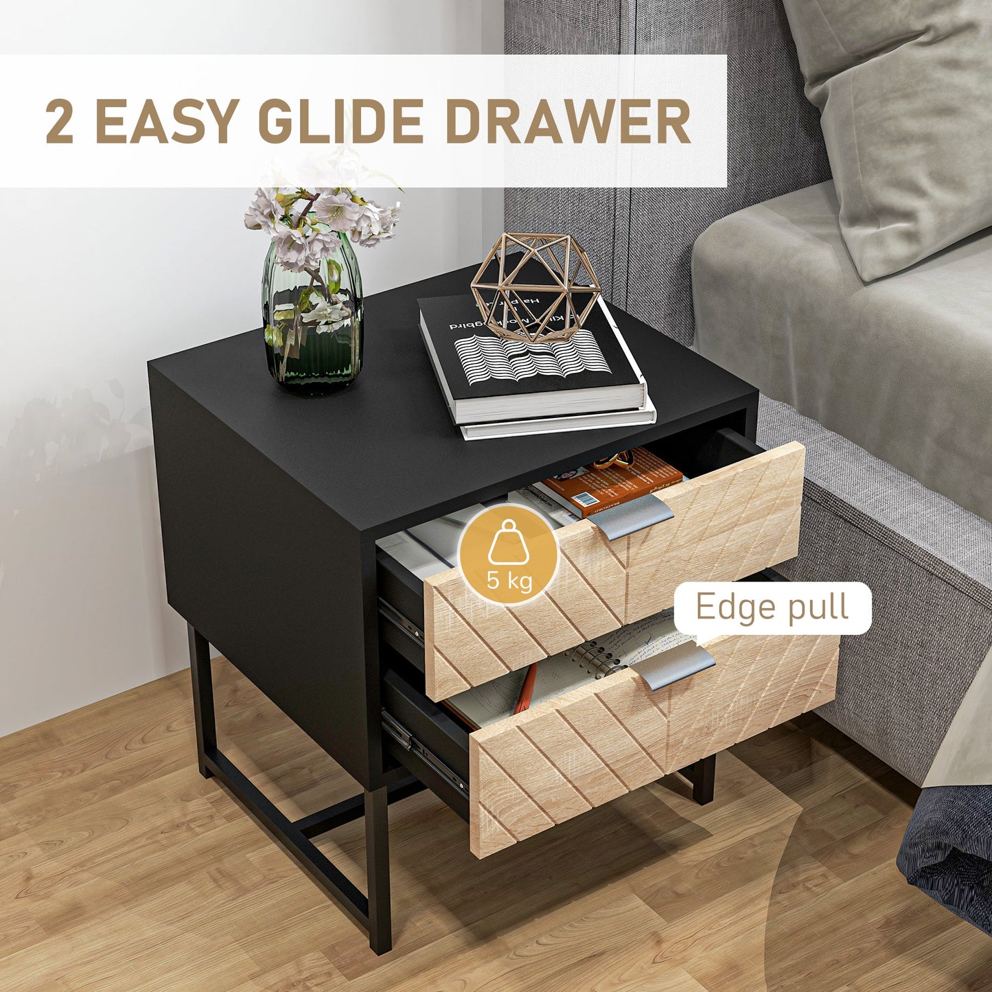 Modern Bedside Table with 2 Drawers and Steel Frame, Sofa Side Table for Bedroom Living Room, Black and Oak Bedside Tables   at Gallery Canada