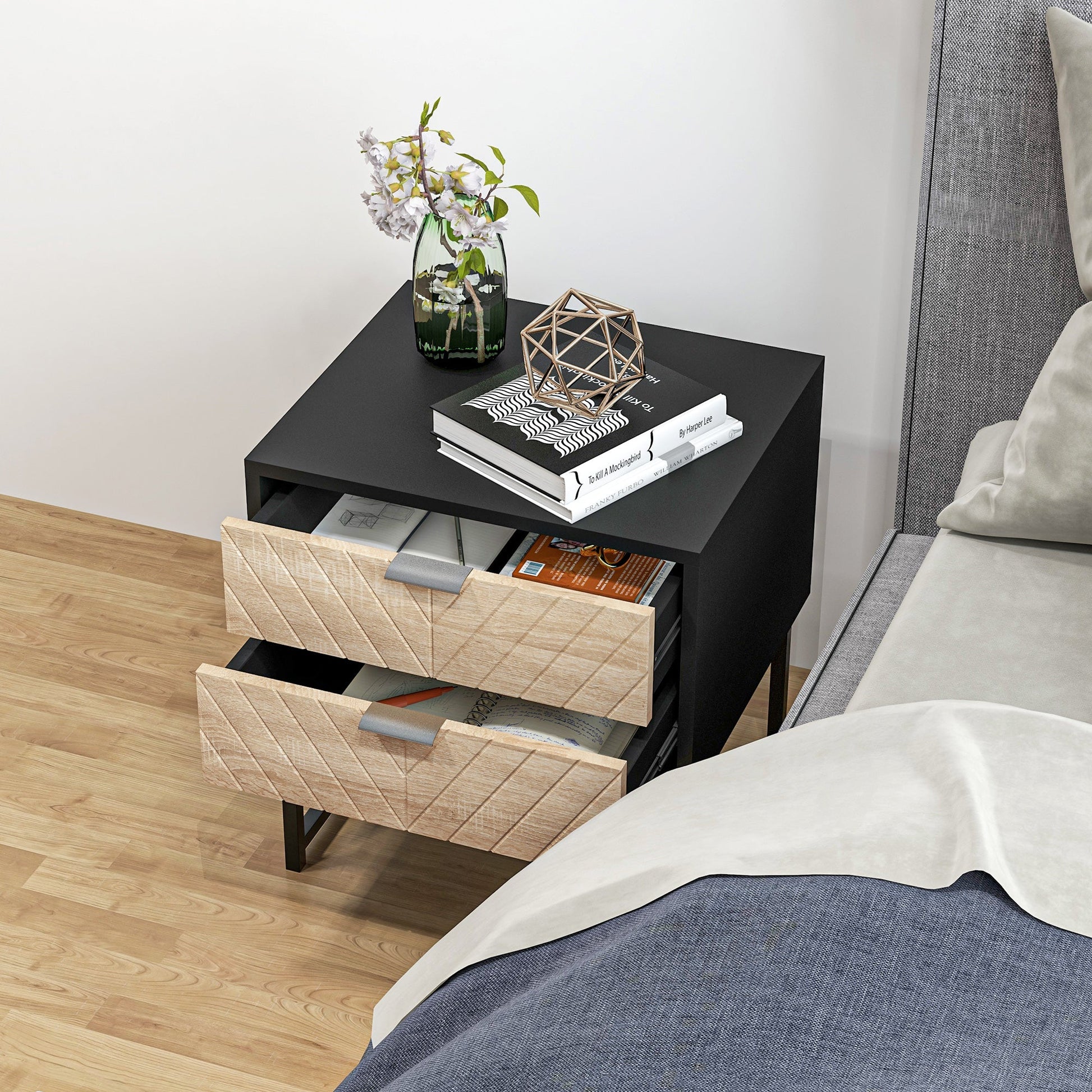 Modern Bedside Table with 2 Drawers and Steel Frame, Sofa Side Table for Bedroom Living Room, Black and Oak Bedside Tables   at Gallery Canada