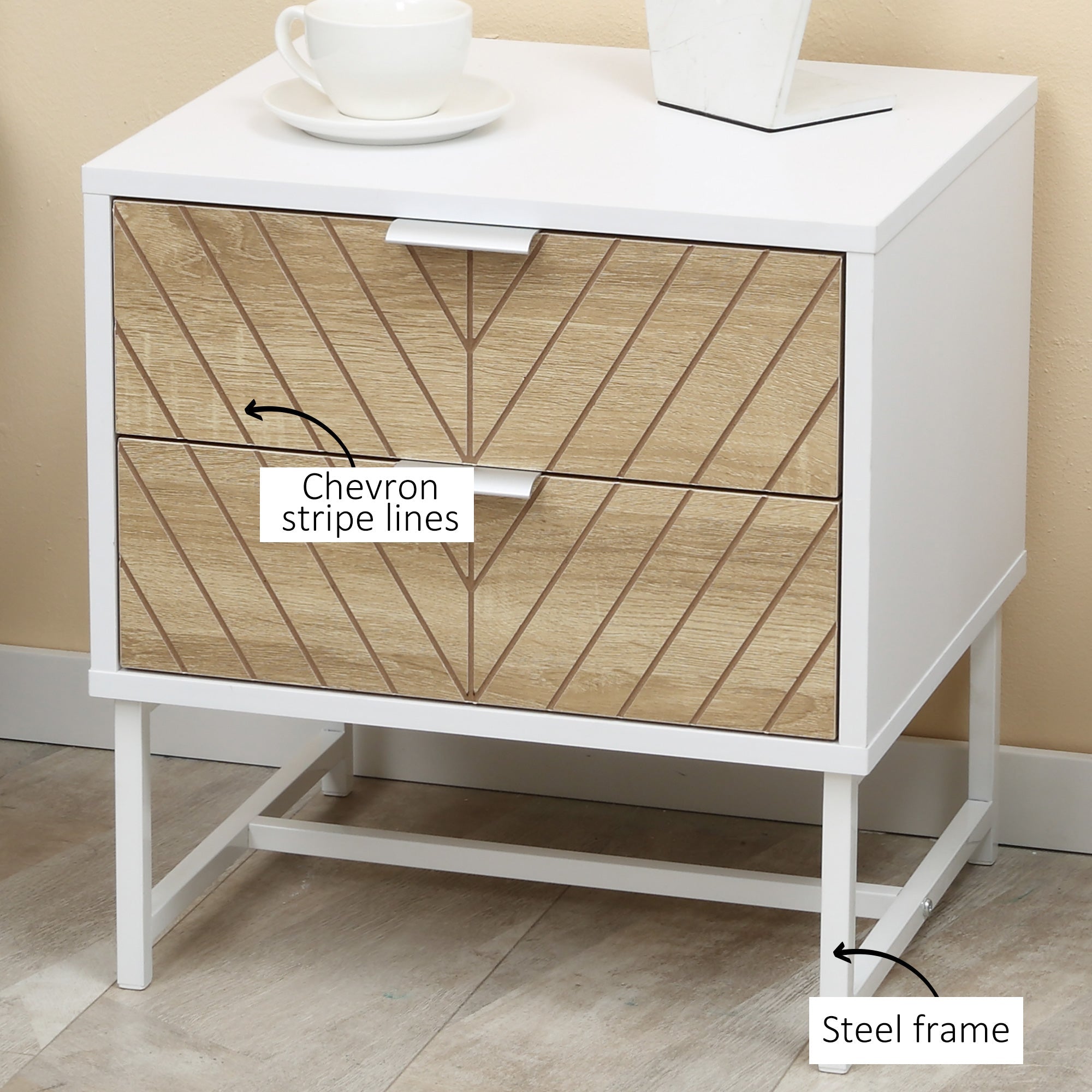 Modern Bedside Table with 2 Drawers and Steel Frame, Sofa Side Table for Bedroom Living Room, White and Oak Bedside Tables   at Gallery Canada