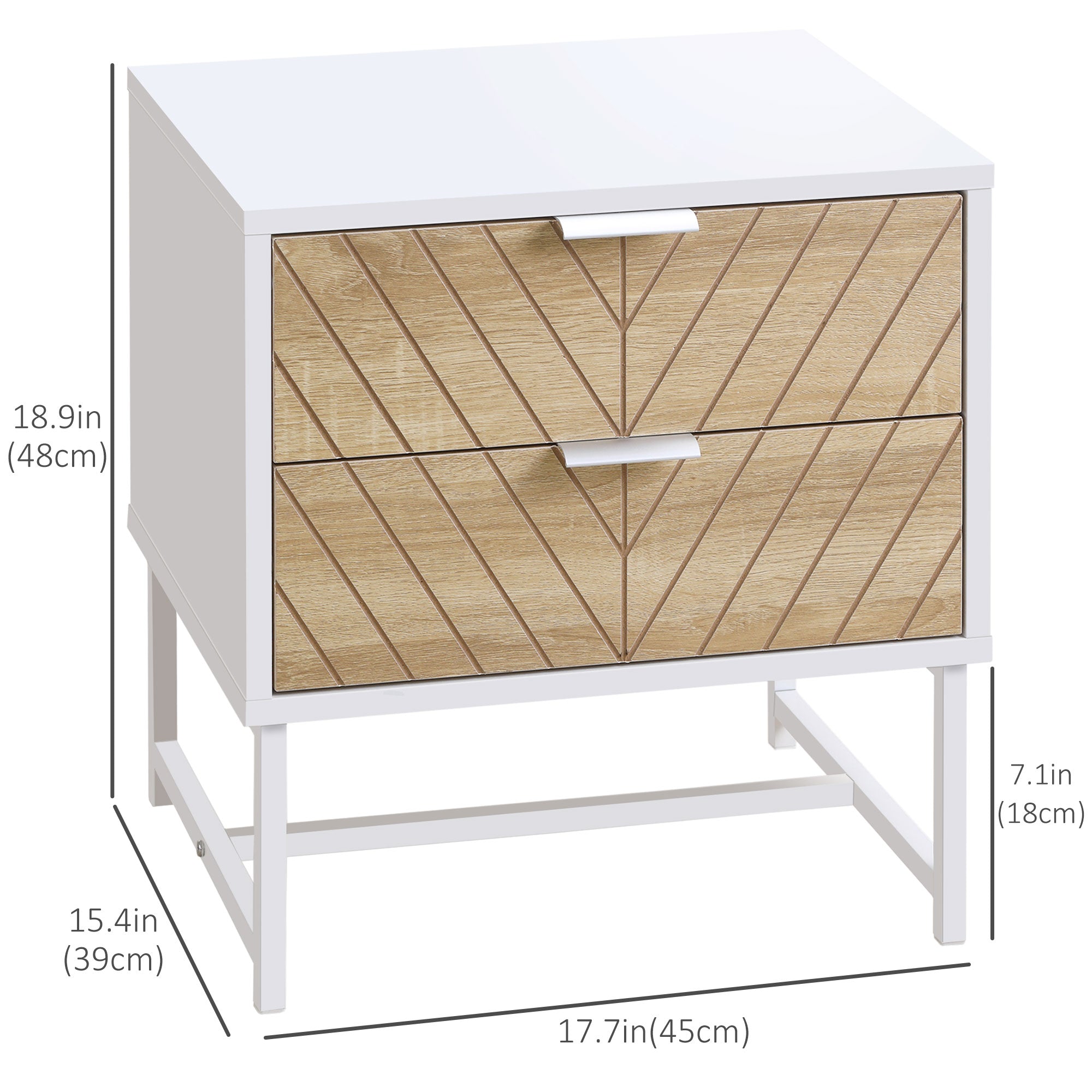 Modern Bedside Table with 2 Drawers and Steel Frame, Sofa Side Table for Bedroom Living Room, White and Oak Bedside Tables   at Gallery Canada